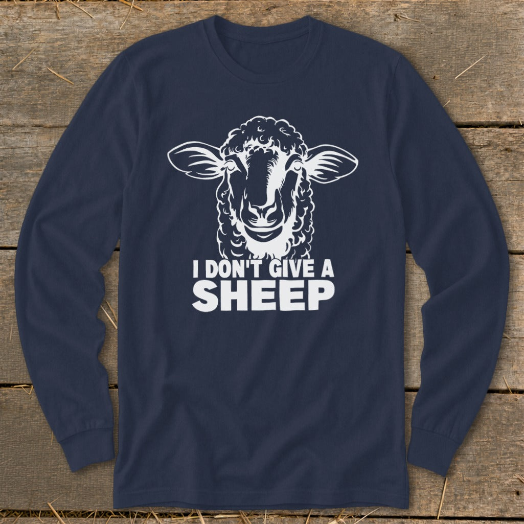 Navy long-sleeve shirt with white sheep graphic and text "I DON'T GIVE A SHEEP".