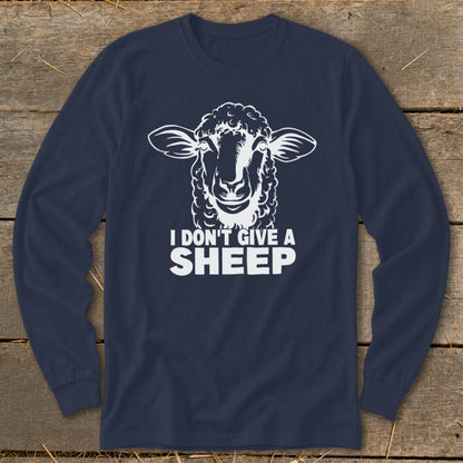 Navy long-sleeve shirt with white sheep graphic and text "I DON'T GIVE A SHEEP".