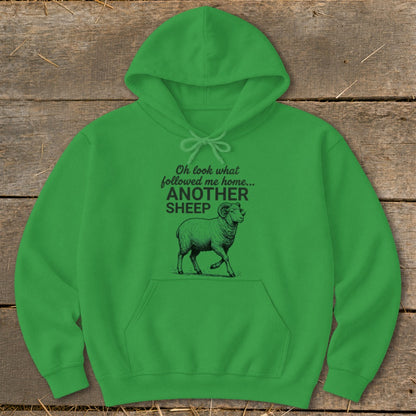 Green hoodie with text "Oh look what followed me home... ANOTHER SHEEP" and sheep graphic.