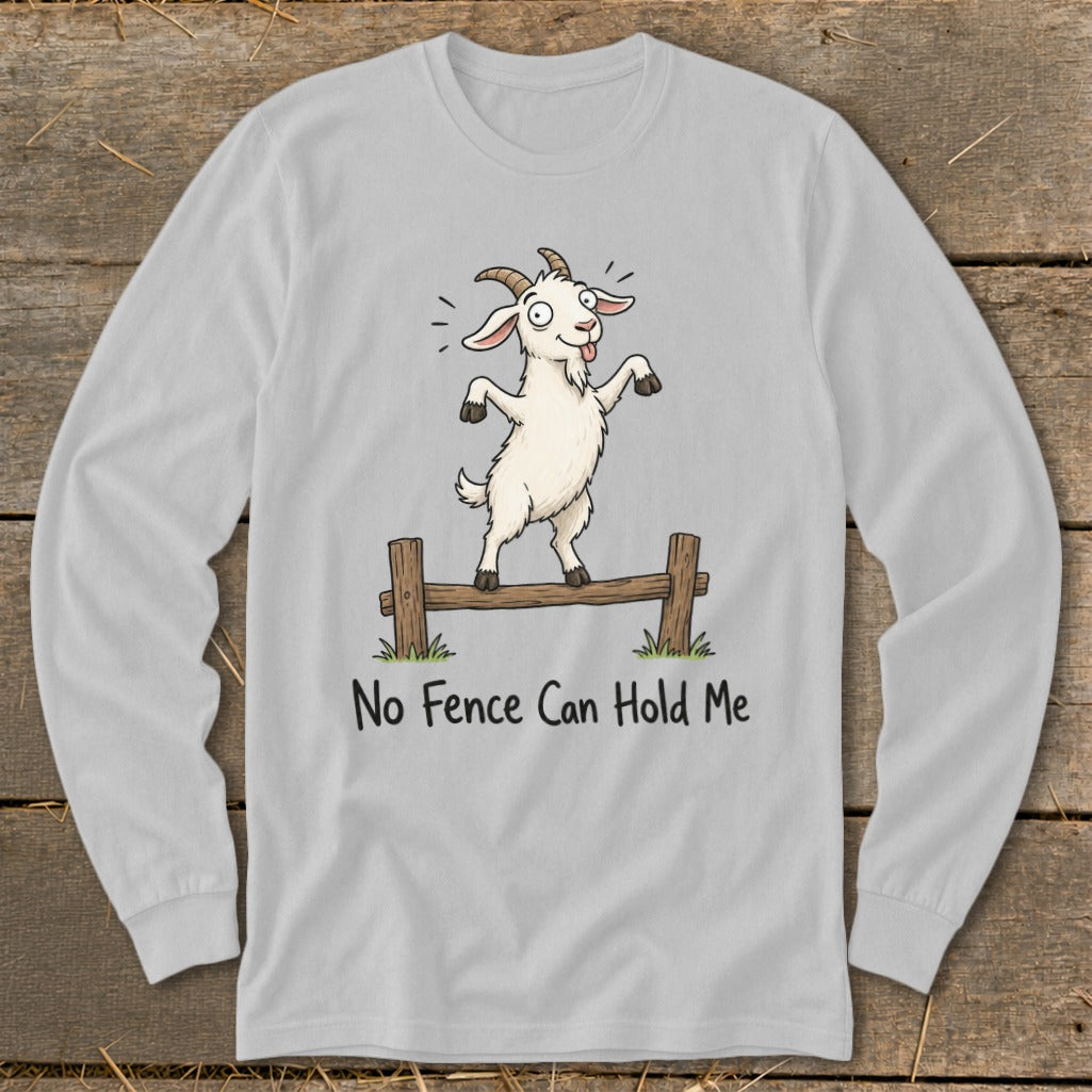 Cartoon goat balancing on a fence with text "No Fence Can Hold Me".