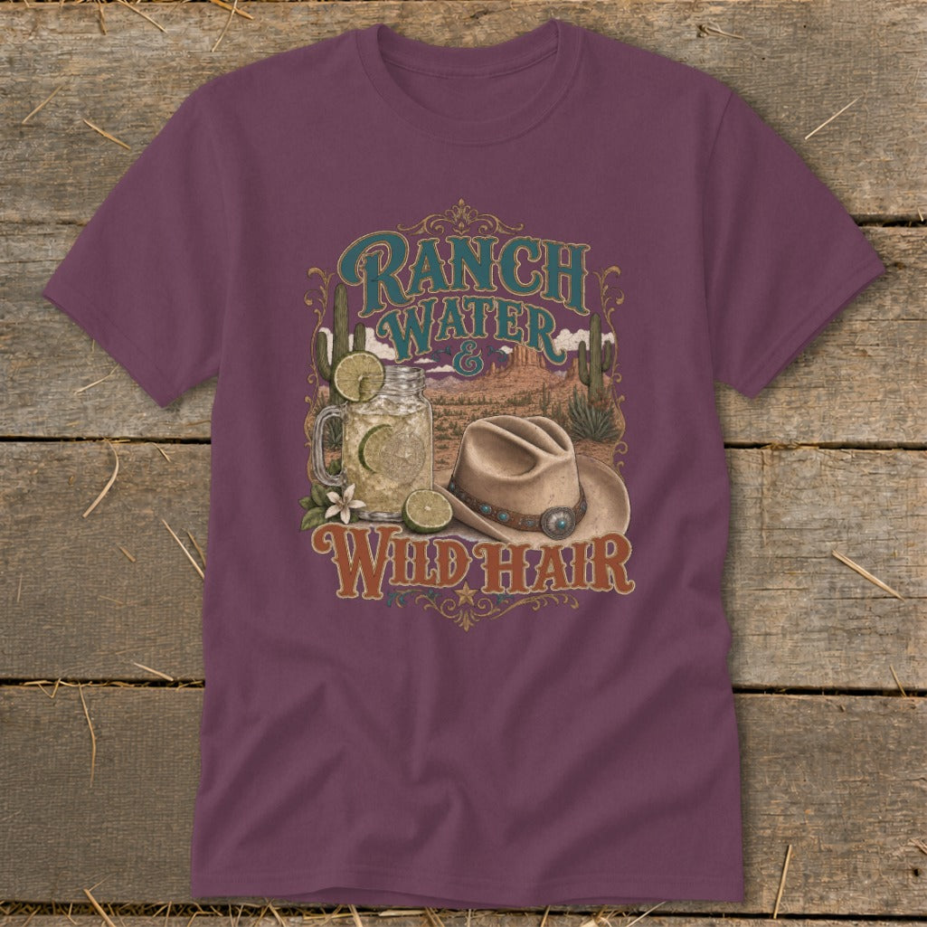 T-shirt graphic with "Ranch Water & Wild Hair" text, a cowboy hat, and a drink.