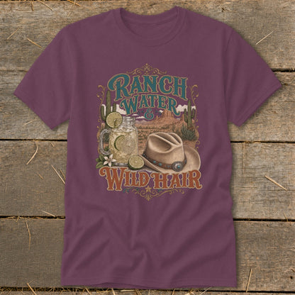 T-shirt graphic with "Ranch Water & Wild Hair" text, a cowboy hat, and a drink.