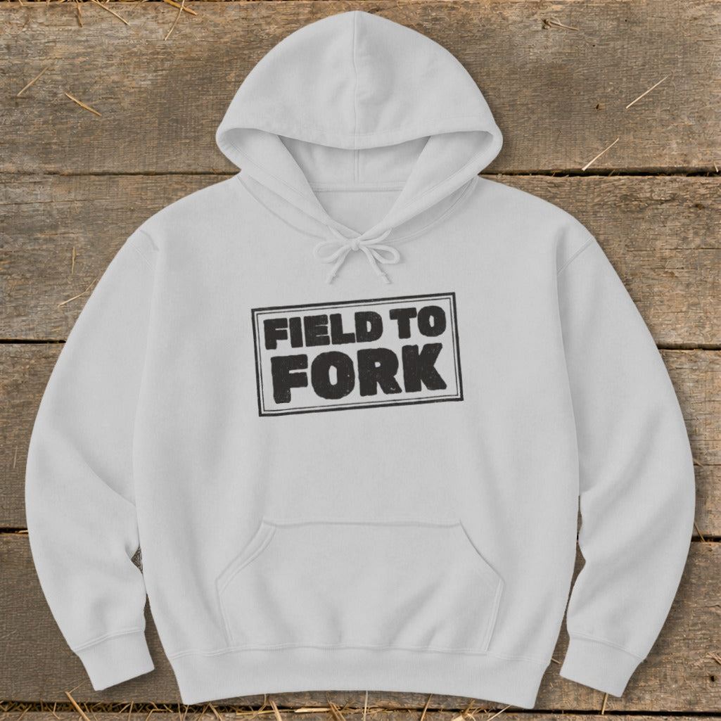 Light gray hooded sweatshirt with a front pocket and the text Field to Fork printed centrally.