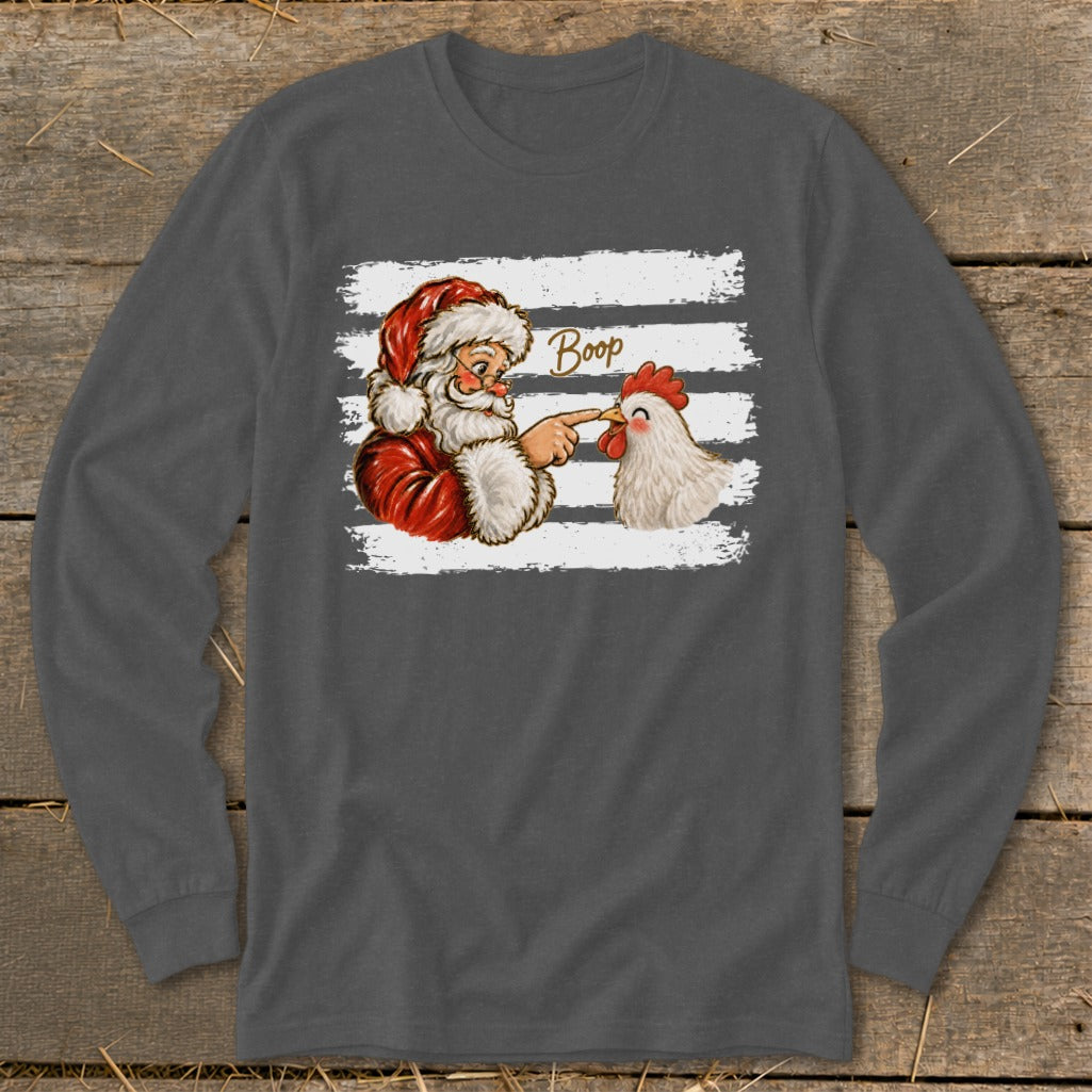 Santa booping a chicken with "Boop" text on a striped background.