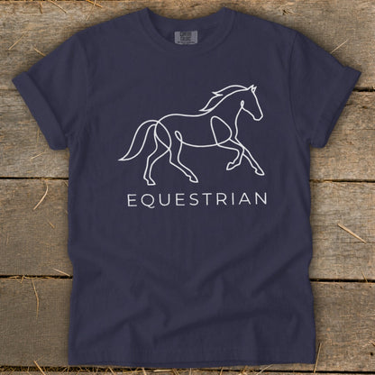 Navy t-shirt with a white line art horse and "EQUESTRIAN" text.