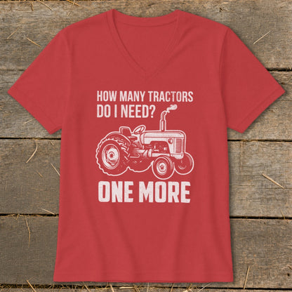 Red t-shirt with "How Many Tractors Do I Need? One More" and a tractor graphic.