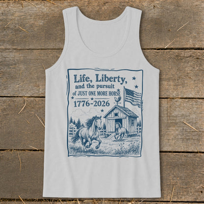 White tank top with illustration of horses, barn, American flag, and text.
