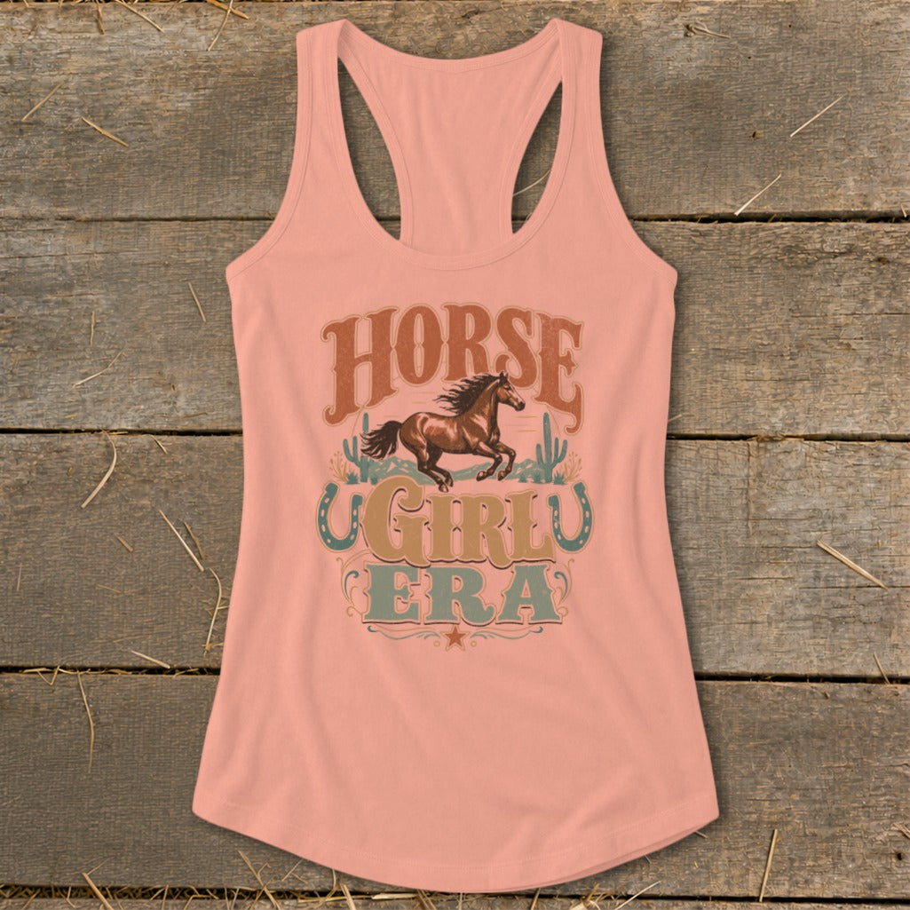 Peach tank top with "HORSE GIRLU ERA" text and a running horse graphic.