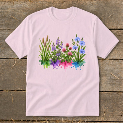 A light pink t-shirt features a watercolor botanical illustration of colorful wildflowers sprouting from paint splatters.