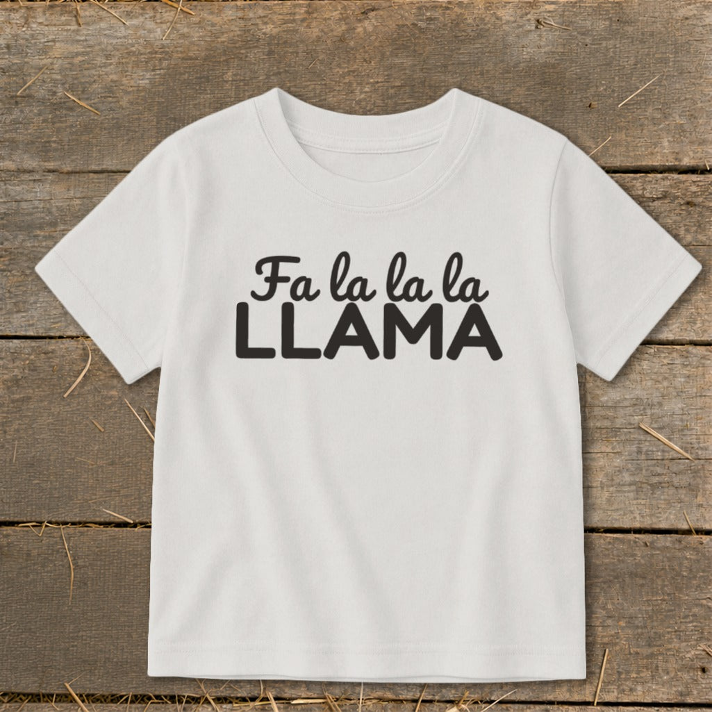 White t-shirt with black text reading "Fa la la la LLAMA".