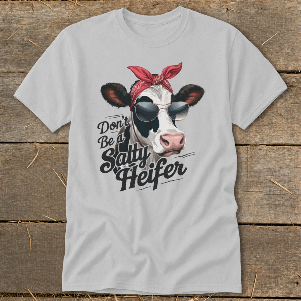 Cow wearing bandana and sunglasses with "Don't Be a Salty Heifer" text.