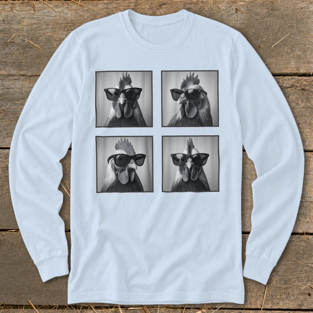 Light blue long-sleeve shirt with four black and white images of roosters wearing sunglasses.