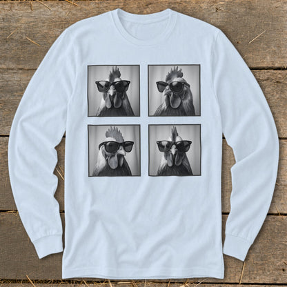 Light blue long-sleeve shirt with four black and white images of roosters wearing sunglasses.