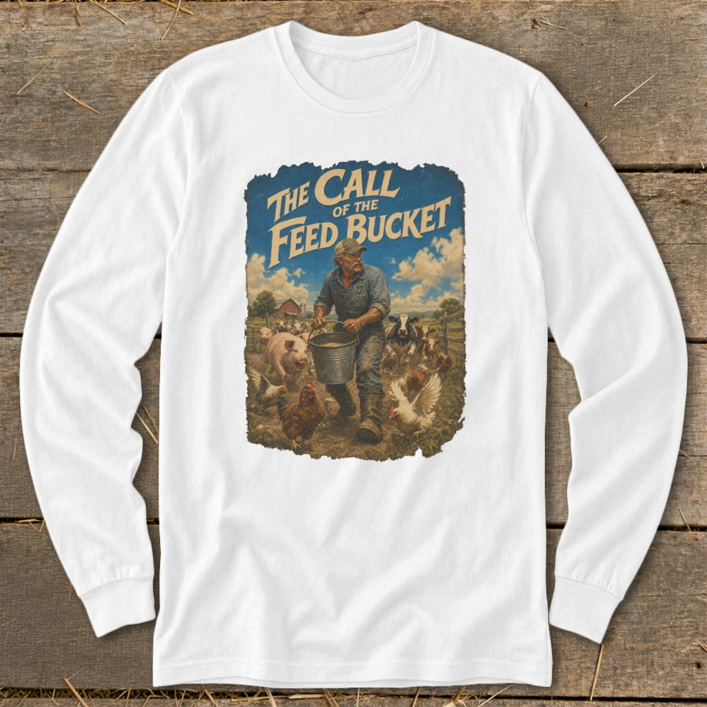 Farmer feeding animals with text "The Call of the Feed Bucket".