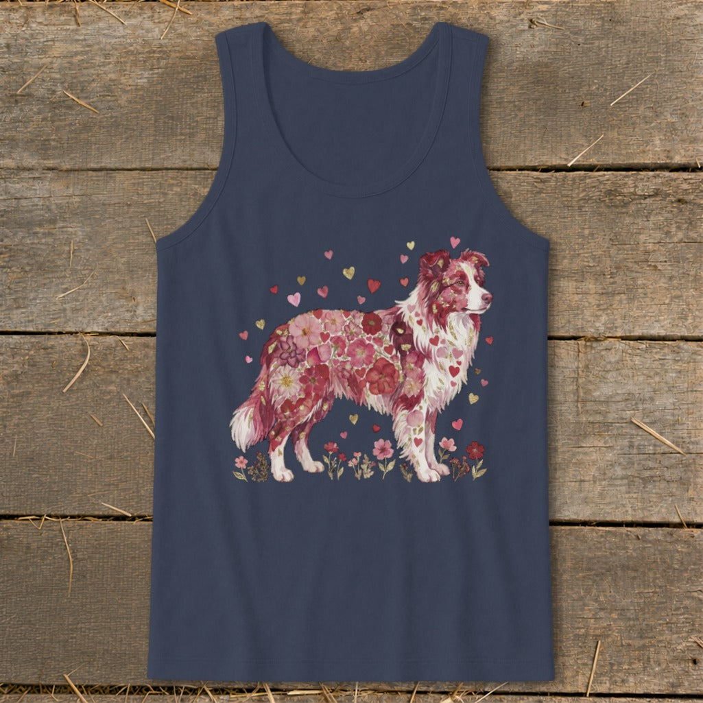 Navy tank top with a floral and heart-covered dog design.