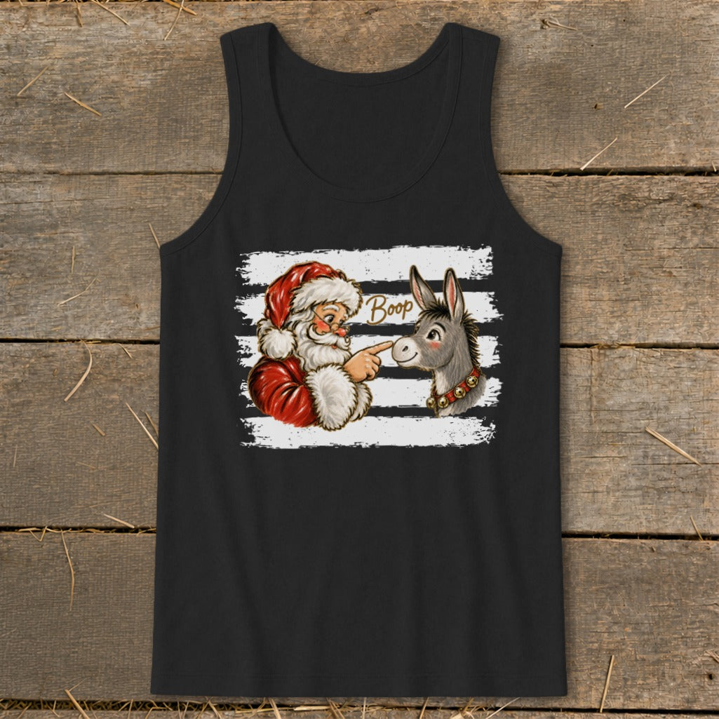 Santa booping a donkey's nose with "Boop" text on a black tank top.