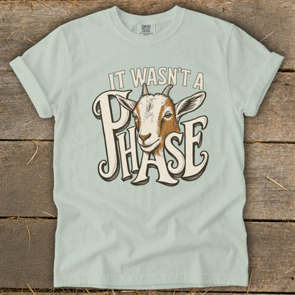 Goat with text "It wasn't a phase" on a light green t-shirt.