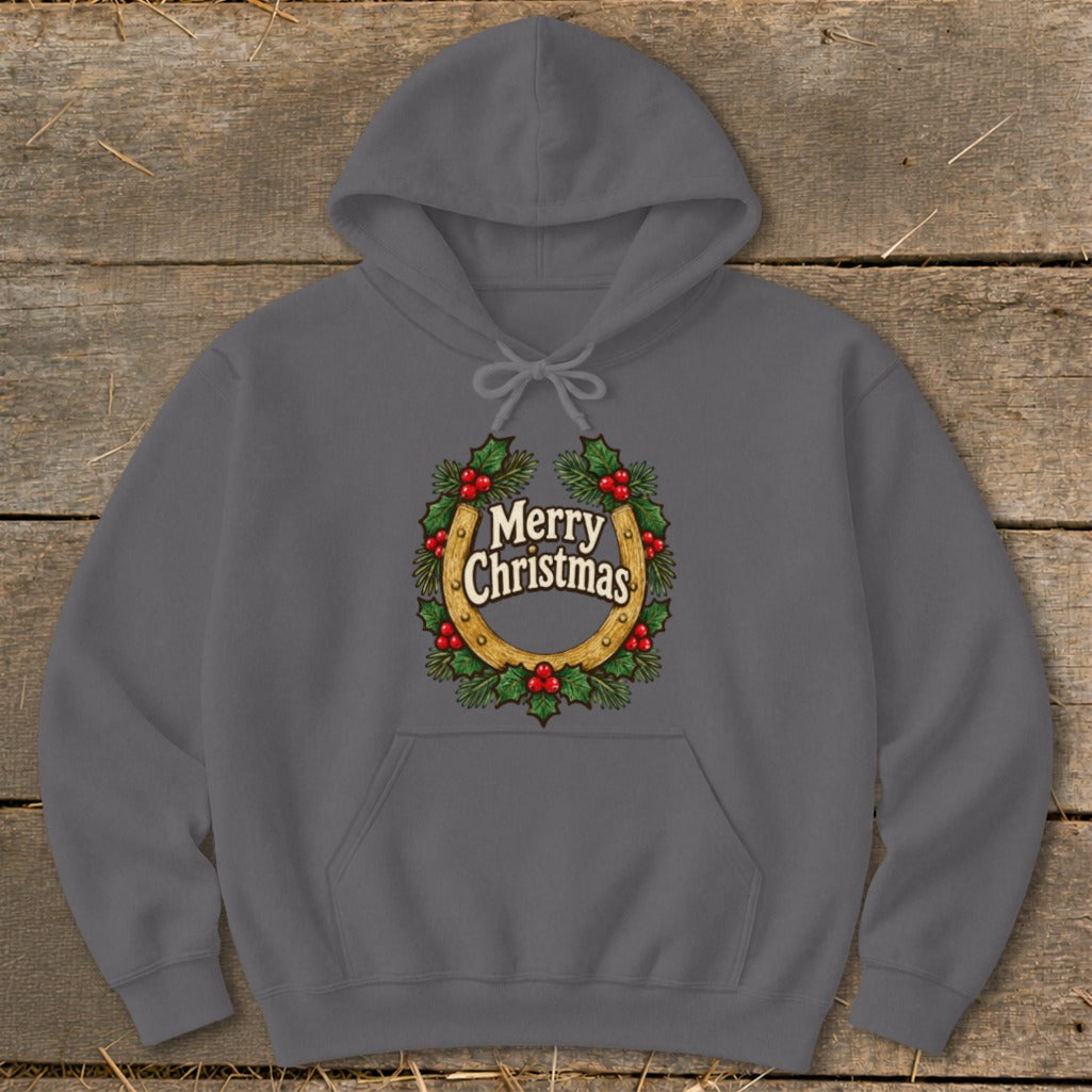 Gray hoodie with a horseshoe wreath graphic that says "Merry Christmas".