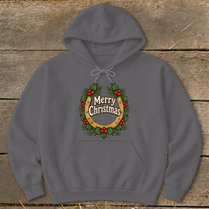 Gray hoodie with a horseshoe wreath graphic that says "Merry Christmas".