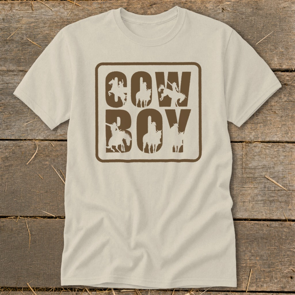 Cream t-shirt with brown "COW BOY" text featuring horse and rider silhouettes.