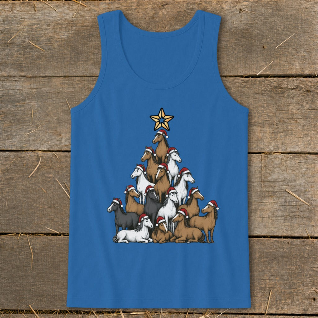 Blue tank top with a Christmas tree made of horses wearing Santa hats.