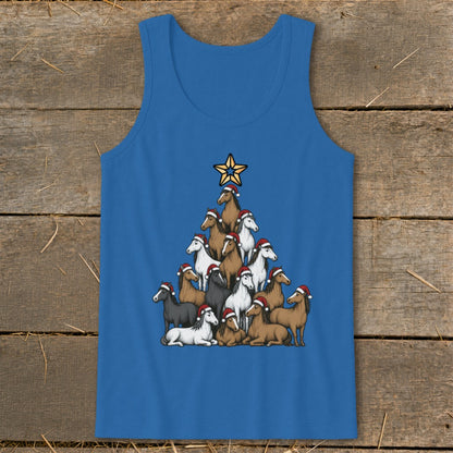 Blue tank top with a Christmas tree made of horses wearing Santa hats.
