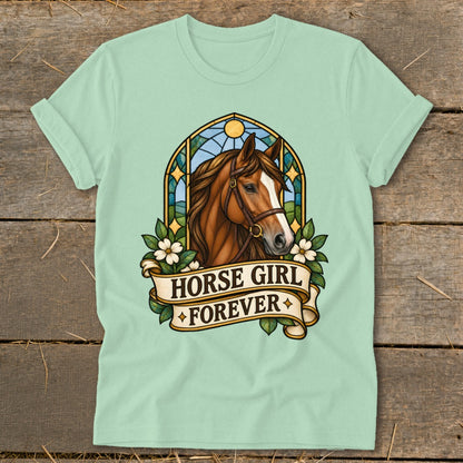 Light green t-shirt with stained glass horse head and "Horse Girl Forever" banner.