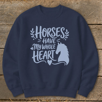 Navy sweatshirt with light blue text "Horses Have My Whole Heart" and horse graphic.