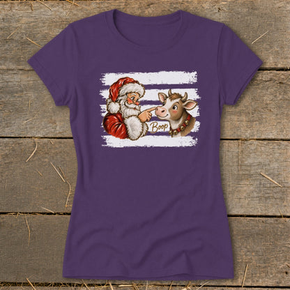 Santa booping a cow with the word "Boop" on a purple t-shirt.