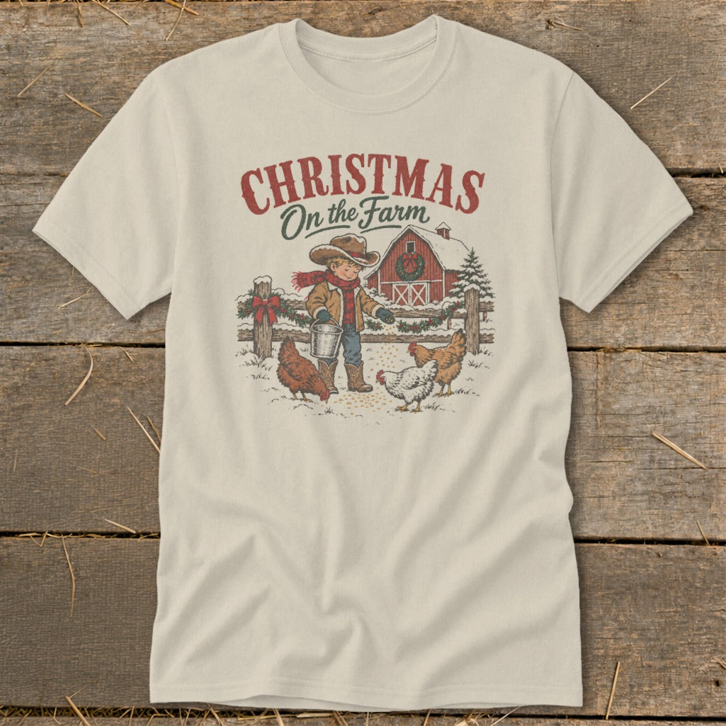 Christmas On the Farm text with boy feeding chickens in snowy scene.