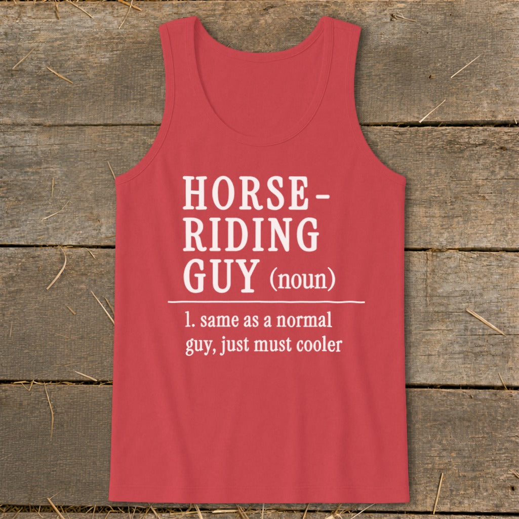 Red tank top with "Horse-Riding Guy (noun)" definition.