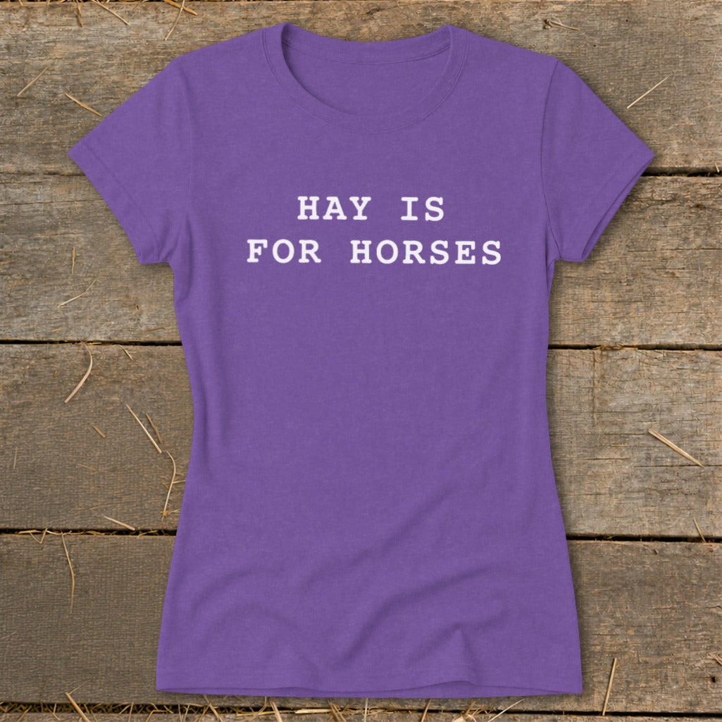 Purple t-shirt with white text "HAY IS FOR HORSES".