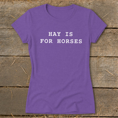 Purple t-shirt with white text "HAY IS FOR HORSES".