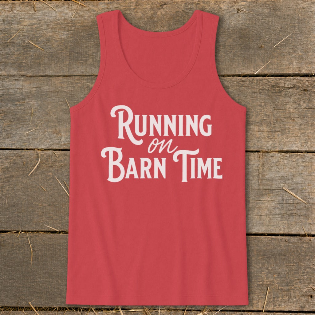 Red tank top with white text reading "Running on Barn Time".