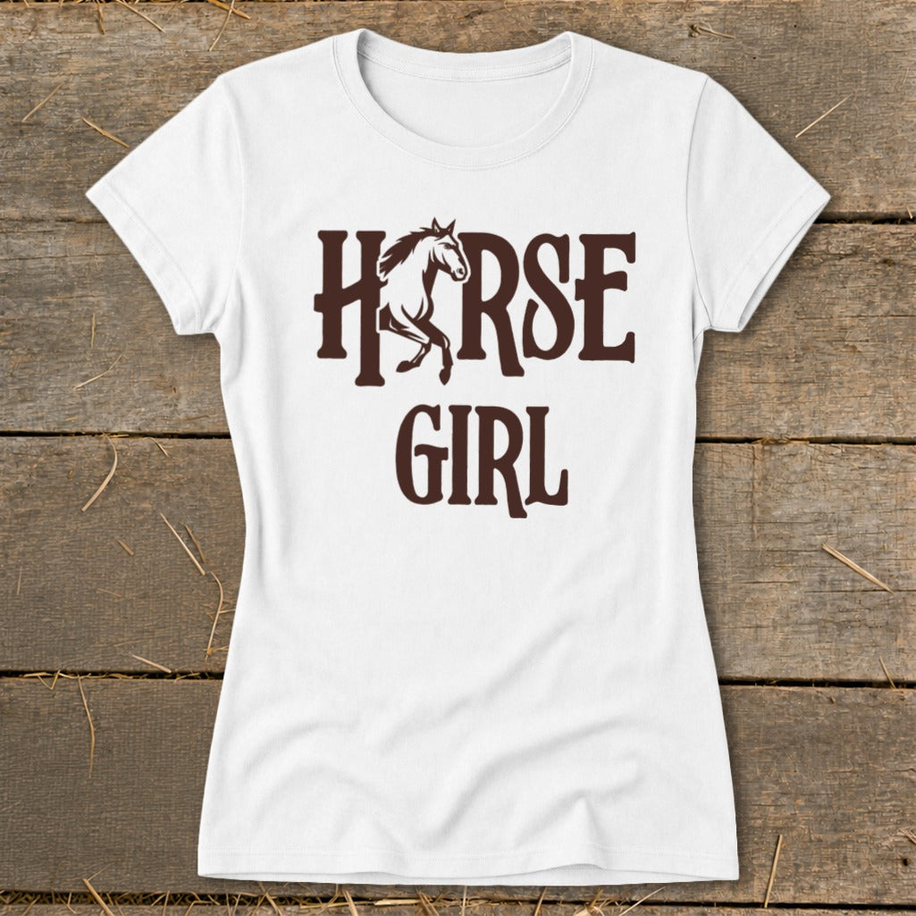 White t-shirt with brown text "HORSE GIRL" and horse graphic.