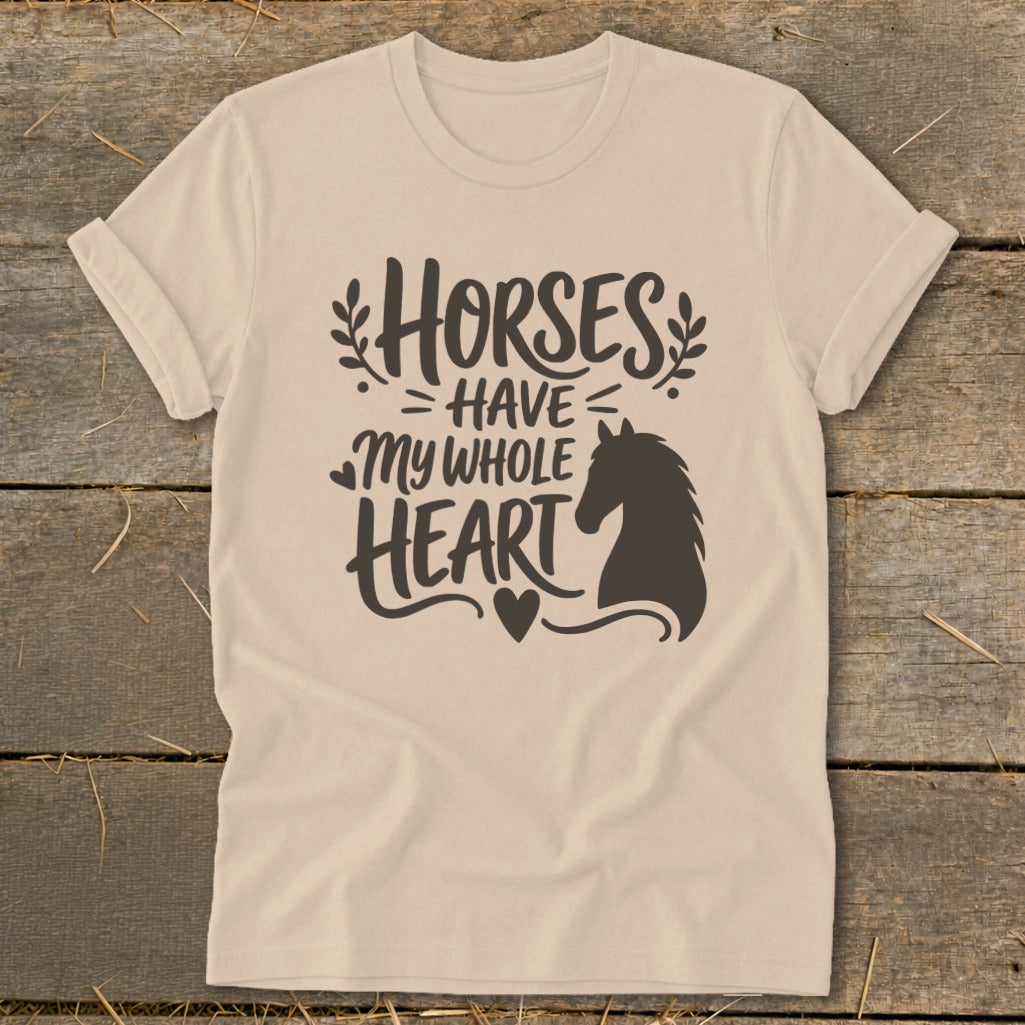 Light beige t-shirt with "Horses have my whole heart" and horse silhouette graphic.
