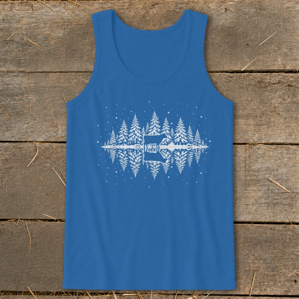 Blue tank top with white graphic of trees, cow, and reflection.