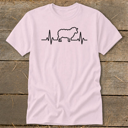 Light pink t-shirt featuring a black graphic of a sheep silhouette integrated into a heartbeat line.
