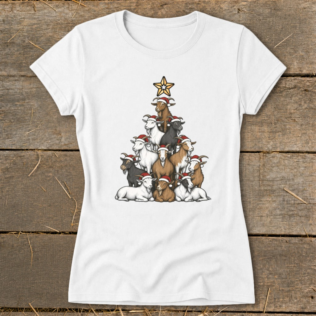 Christmas tree made of goats wearing Santa hats with a star on top.