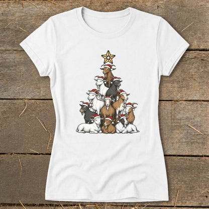 Christmas tree made of goats wearing Santa hats with a star on top.