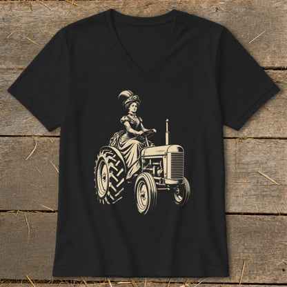 Illustration of a woman in vintage dress and hat driving a tractor.