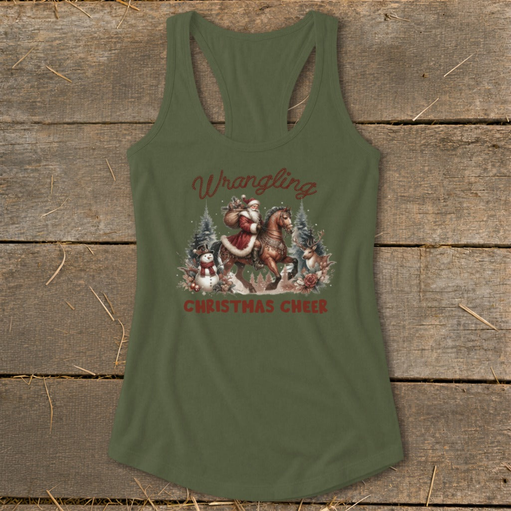 Green tank top with Santa riding a horse, snowman, and deer, text says "Wrangling Christmas Cheer".
