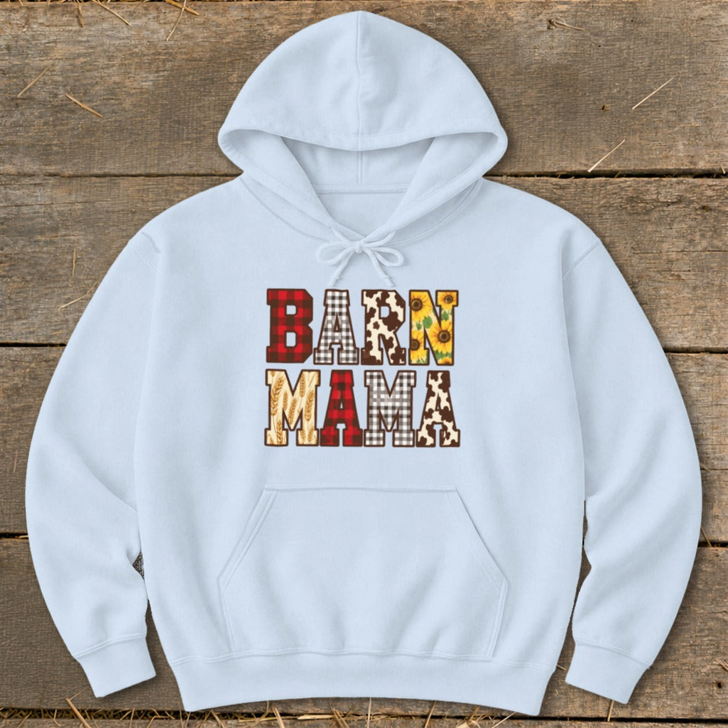 Light blue hoodie with "BARN MAMA" text in patterned letters.
