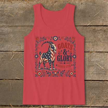 Red tank top with a goat design featuring American flag stars and stripes, and text.