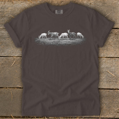T-shirt with a black and white graphic of five goats grazing in a field.