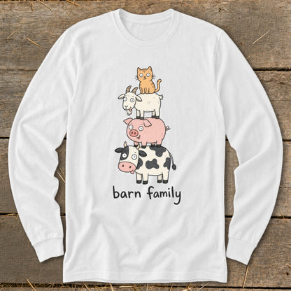 White long-sleeve shirt with a cow, pig, goat, and cat stacked, text reads "barn family".