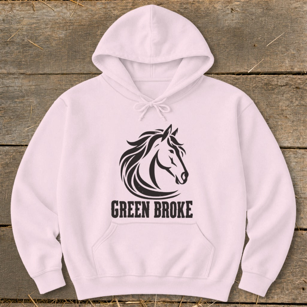 Light pink hooded sweatshirt featuring a black graphic of a horse head and the text GREEN BROKE.