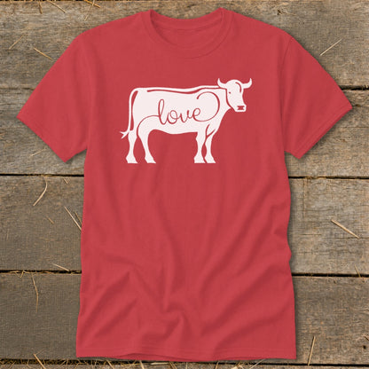 Red t-shirt with white cow outline graphic filled with the word "love".