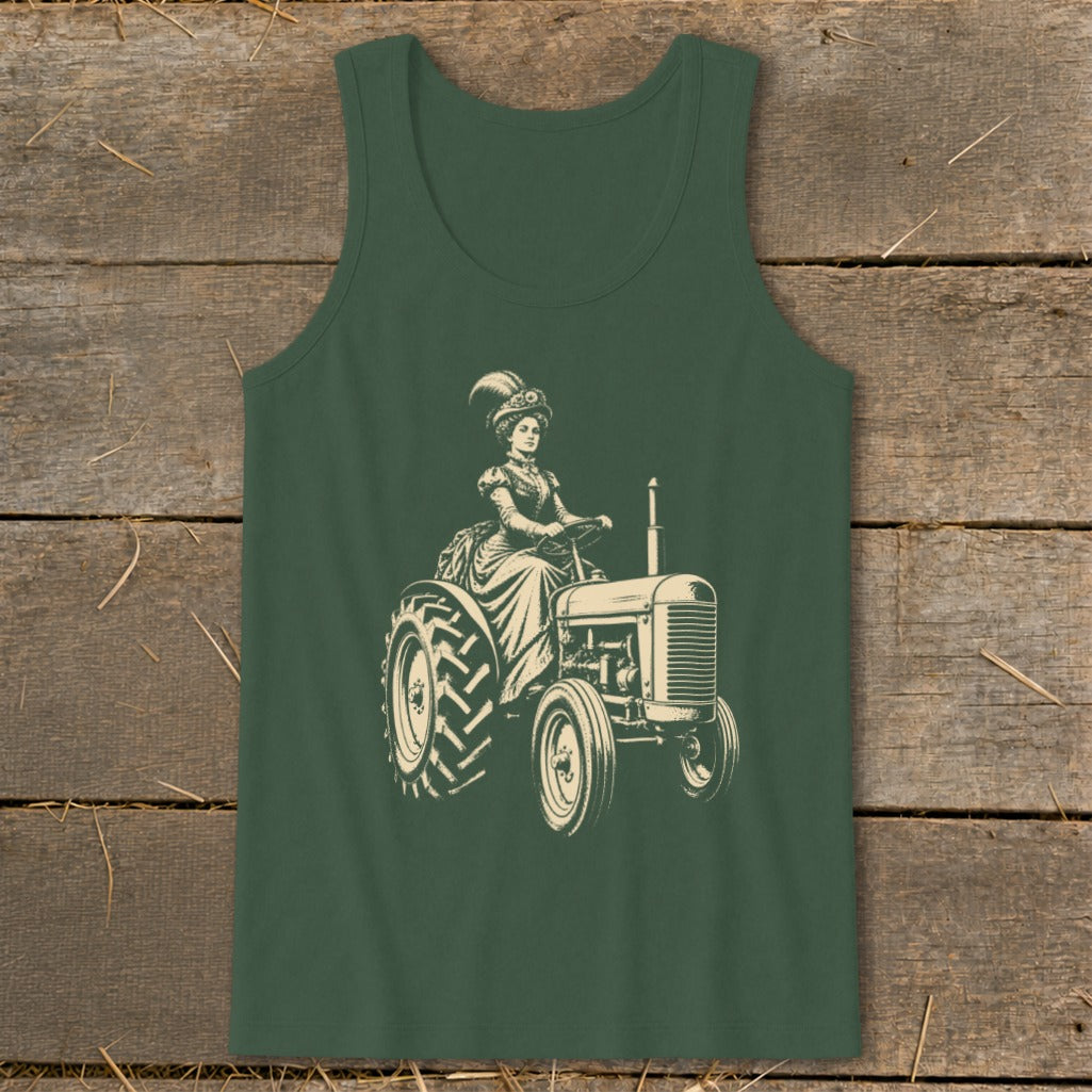 Dark green tank top with a vintage illustration of a woman driving a tractor.