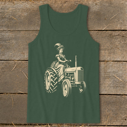 Dark green tank top with a vintage illustration of a woman driving a tractor.